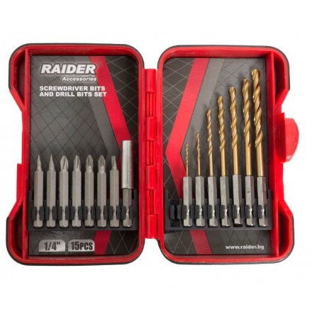 Накрайници и свредла 1/4" 15 броя комплект RAIDER