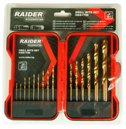 Drill Bits Set 15pcs. Ø1.5-10mm Set HSS+TIN RAIDER