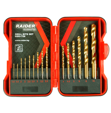 Drill Bits Set 15pcs. Ø1.5-10mm Set HSS+TIN RAIDER